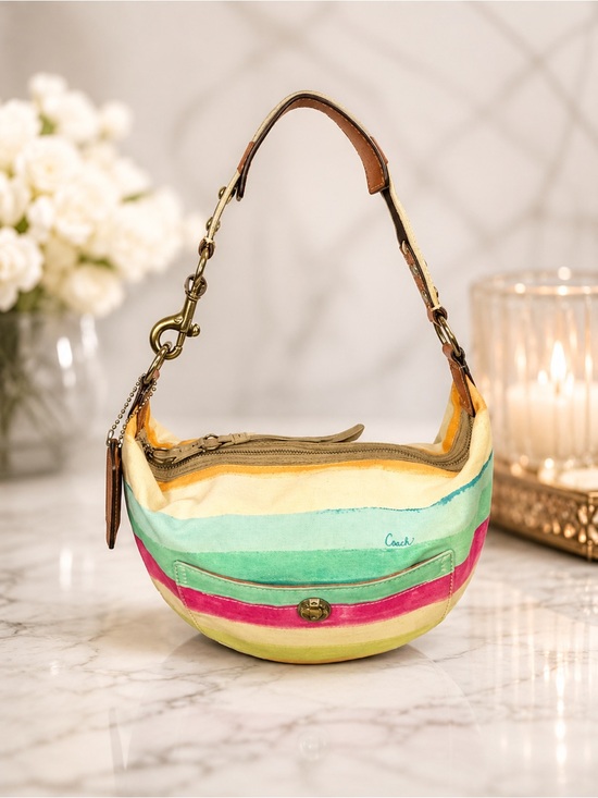 Coach Handbags - Coach Multicolor Striped Canvas Shoulder Hobo Bag & Matching Card Holder Set